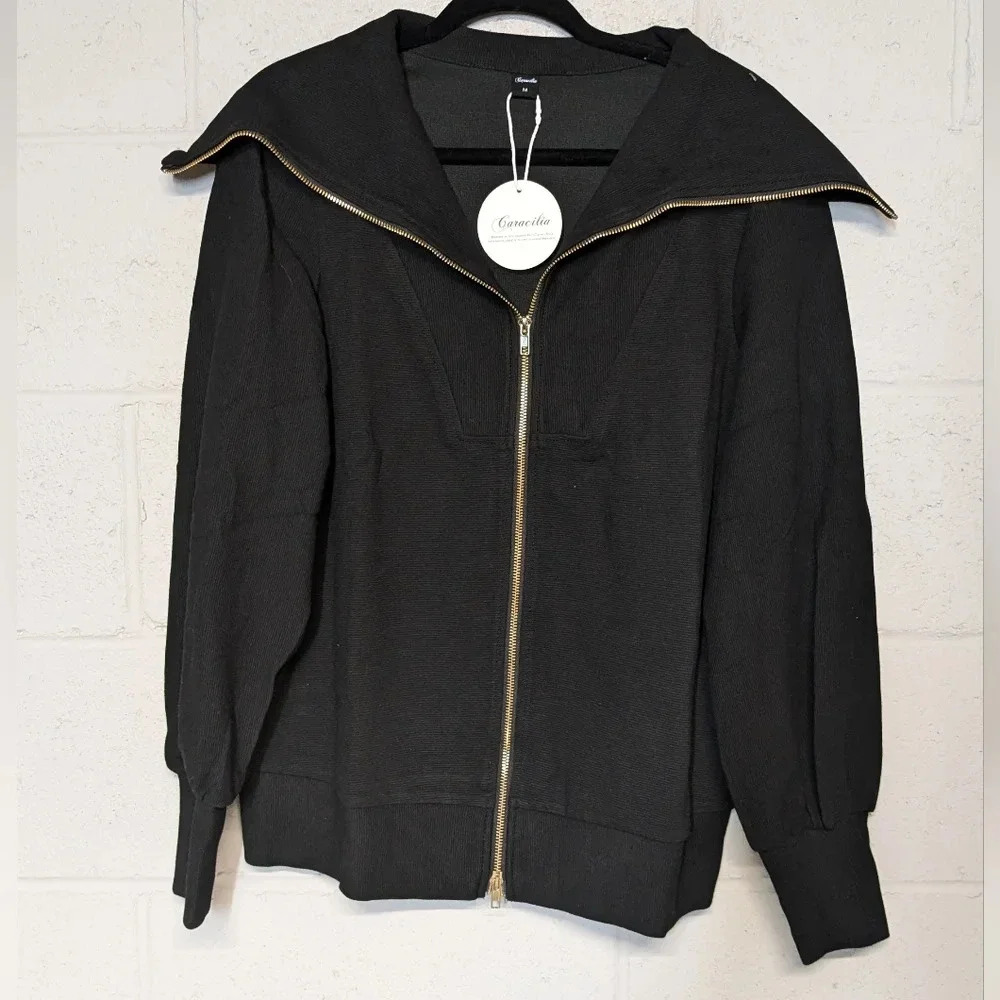 Women's Oversized Full Zip Sweatshirt Ribbed Size Medium NWT - Picture 2 of 5